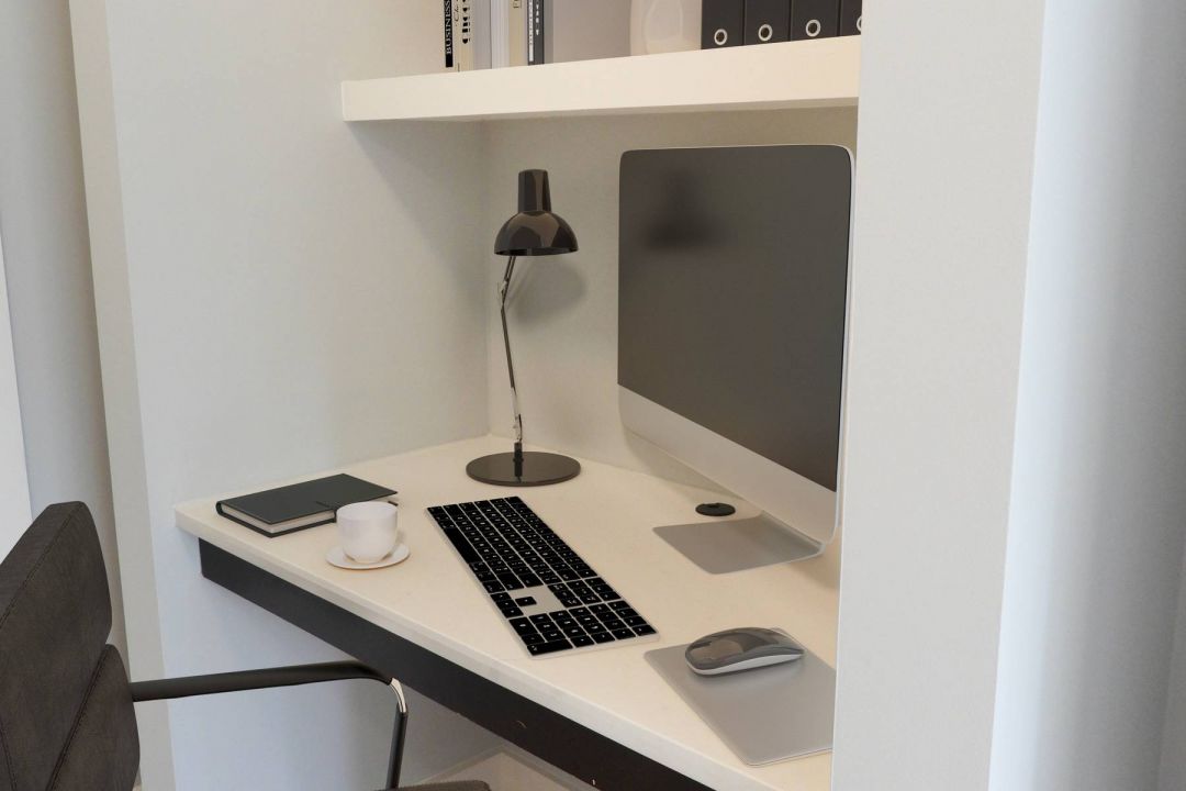 Hawthorne 808 Apartments built-in desk in unit with floating shelf.